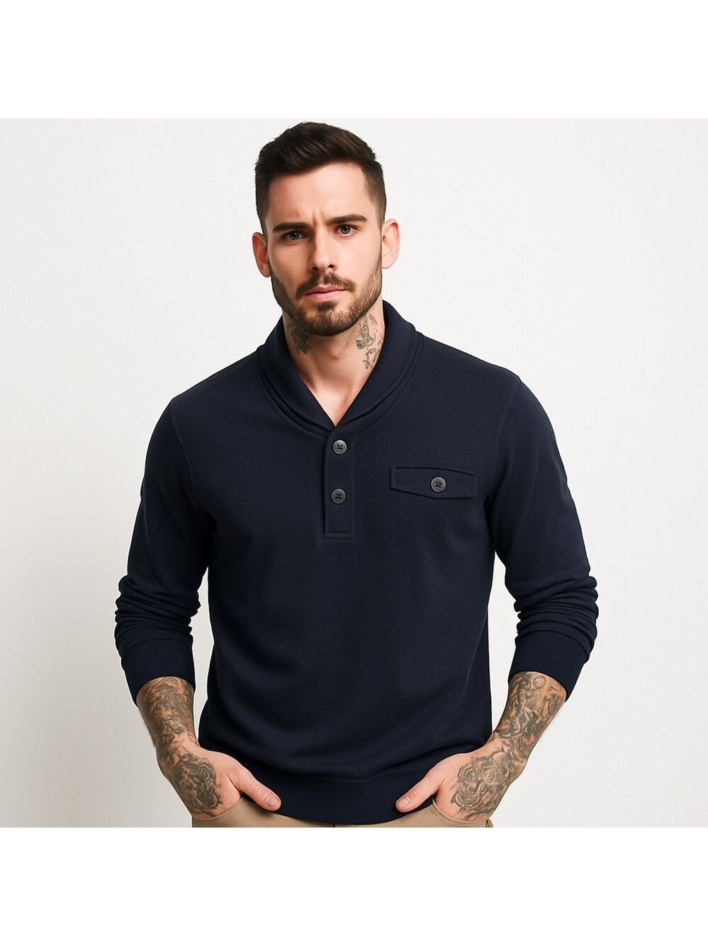 Thomas Parker men’s navy knit shawl collar pullover soft long sleeve top Medium